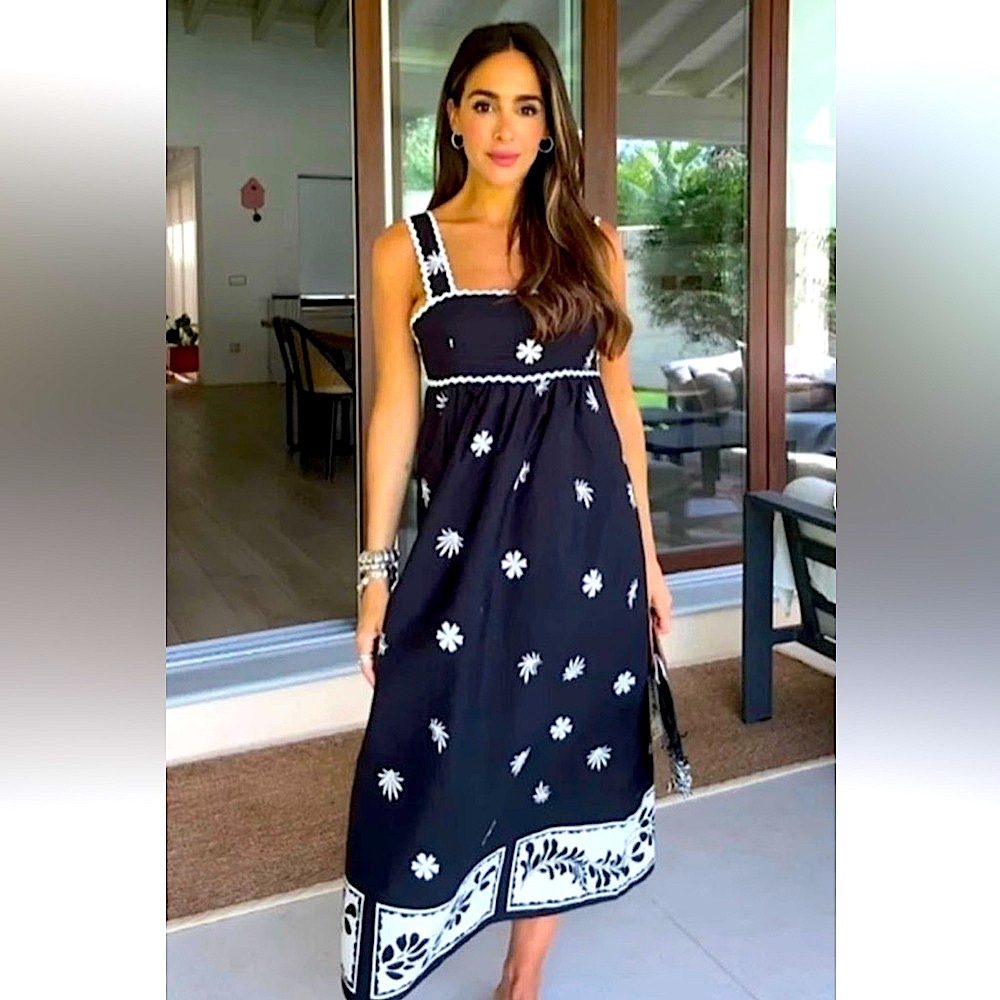 New ZARA Black And White Printed Midi Dress With Passementerie Trim